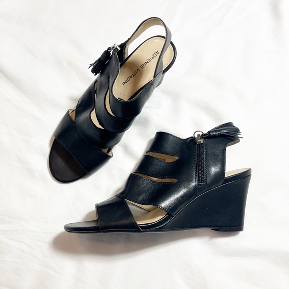 Adrienne Vittadini Raneer black fine leather wedge sandals sz7 - Picture 1 of 8